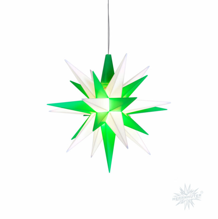 HERRNHUT Star :  Plastic, for Indoors ø ca. 13 cm,  green/white (A1e), incl. LED